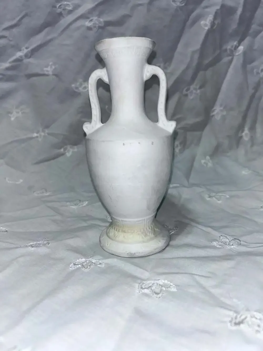 Vintage Neoclassical Bisque Porcelain Greek Amphora Bud Vase w Embossed Relief